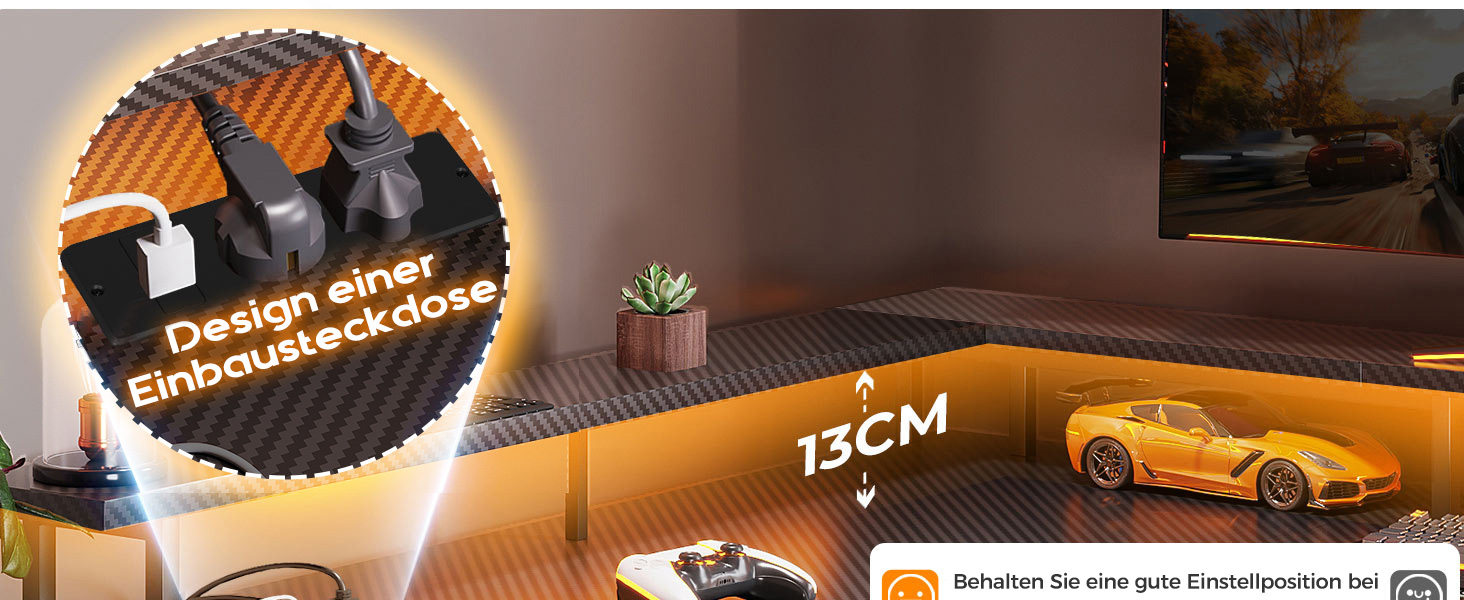 Das Produktmaßdiagramm zeigt eine Abmessung von 13 cm und zeigt ein orangefarbenes kreisförmiges Designelement in der Ecke