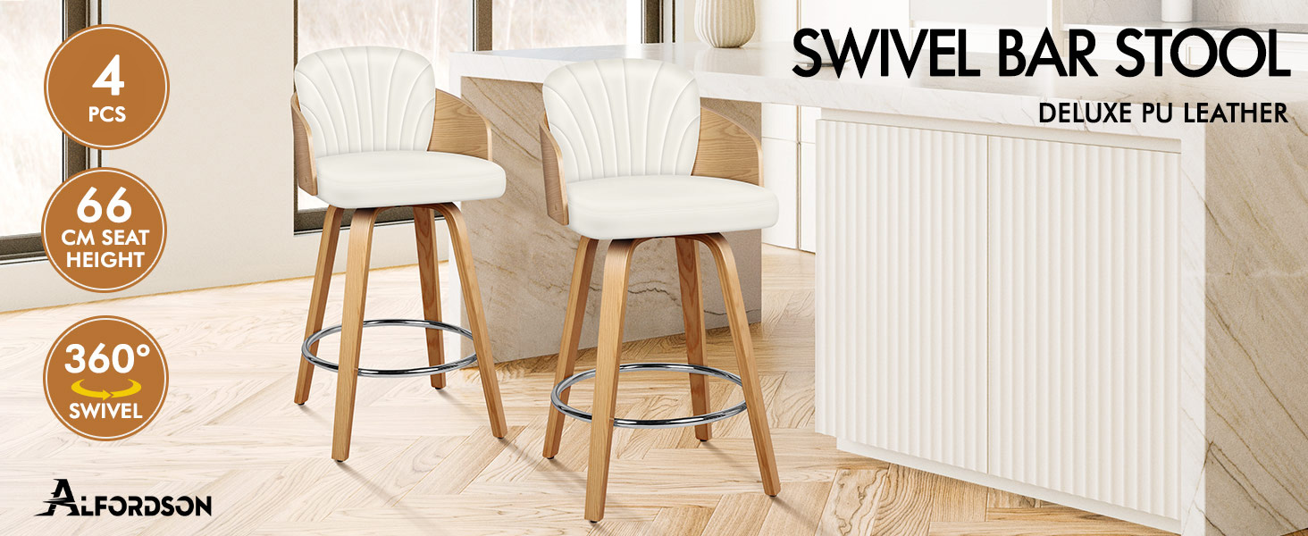 Text reads: 'SWIVEL BAR STOOL', 'DELUXE CUSHION', '160°', '26 SX', '4'. Natural wood bar stools with beige upholstered swivel seats featuring 160-degree rotation and deluxe cushioning.