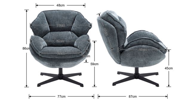 Gray swivel armchair with plush upholstery and adjustable back. Front and side views show dimensions: 77cm width, 86cm height, 87cm depth when reclined. Four-star base.