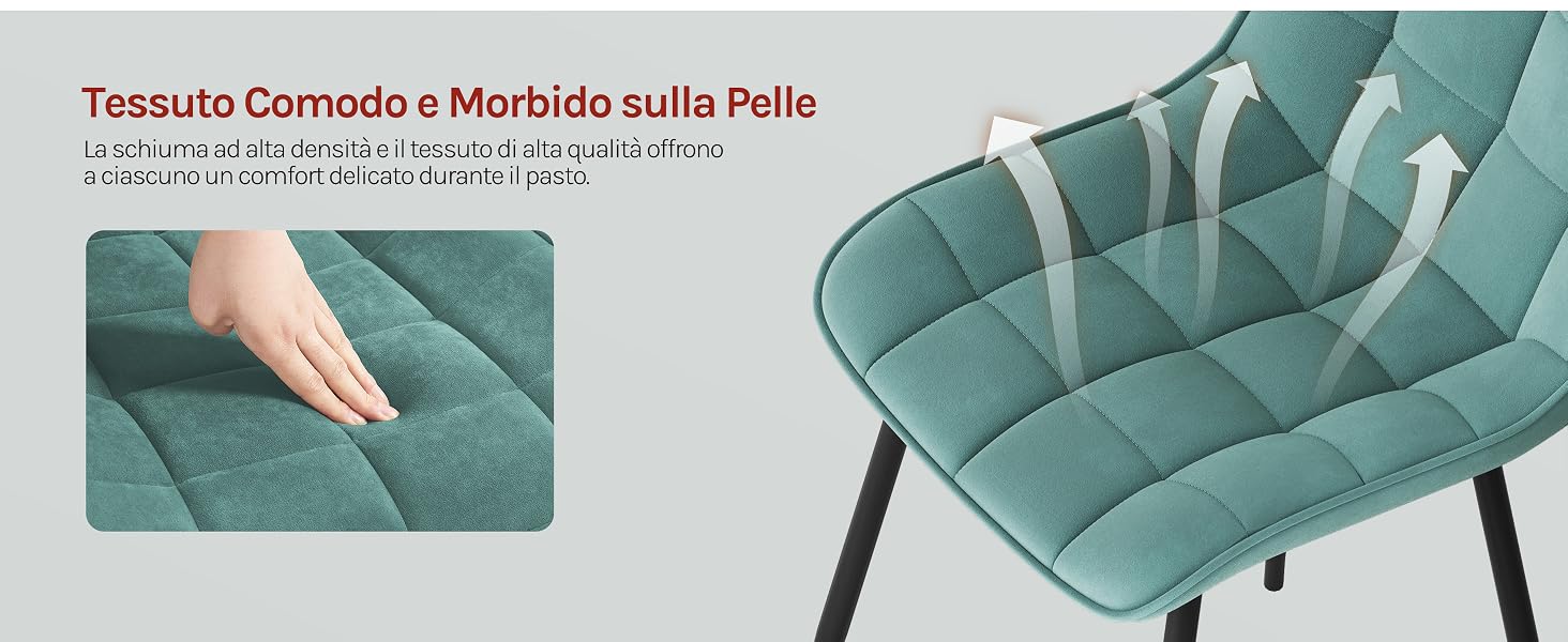 Il testo recita «Tessuto Comodo e Morbido sulla Pelle». Mostra una sedia imbottita color verde acqua con motivo trapuntato e dimostrazione della trama del tessuto.