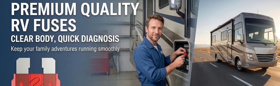 Text reads 'PREMIUM QUALITY RV FUSES CLEAR BODY QUICK DIAGNOSIS'. Package or product documentation featuring RV fuse product with diagnostic information and image of person inspecting vehicle component.