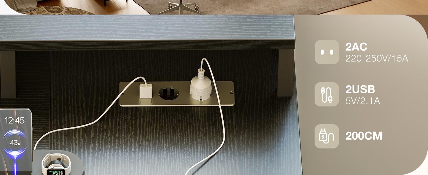 Schéma des spécifications du produit montrant les mesures « 2AC 220-250V/15A », « 2USB » et « 200 CM » pour un appareil électronique ou un système de charge.