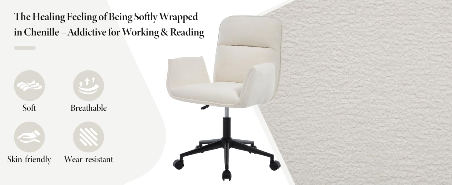 Text reads 'The Healing Feeling of Being Softly Wrapped'. White upholstered office chair with diagrams showing material properties.