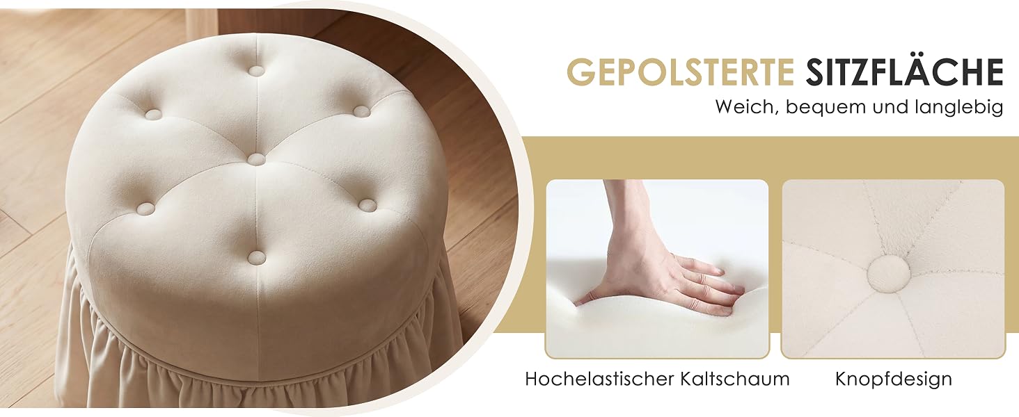 Der Text lautet „GEPOLSTERTE SITZFLÄCHE“. Cremefarbenes, rundes, gepolstertes Sitzpolster mit gestepptem Design und abgebildeten Produktbildern zur optimalen Platzierung.