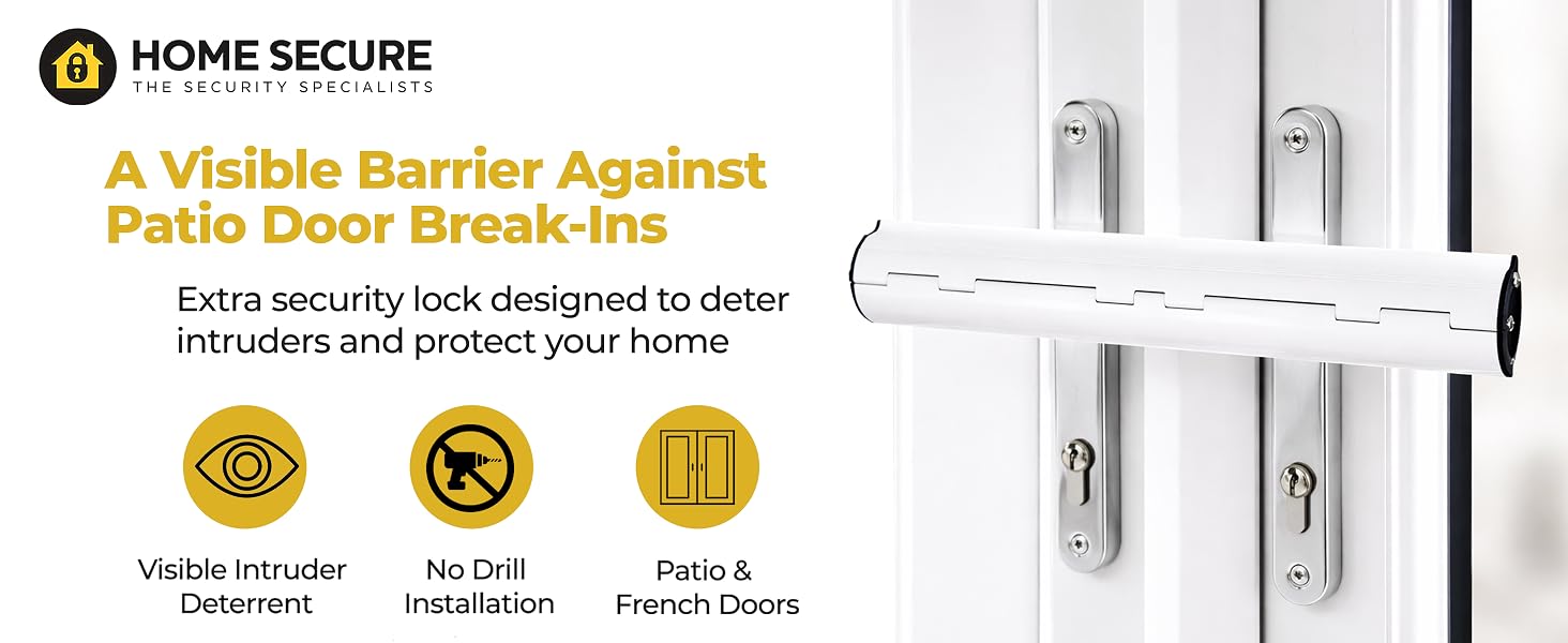 Text reads 'HOME SECURE' and 'A visible &amp; Practical Patio Door Break-Ins'. Product shows white security lock mechanism for sliding doors with icons for deterrent, protection, and hands-on features.
