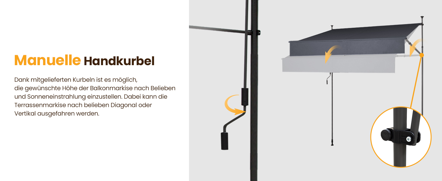 Schema eines verstellbaren Außendachs oder einer Markise mit manuellem Kurbelgriff. Gelbe Markierungen kennzeichnen die wichtigsten Funktionen und Einstellungspunkte