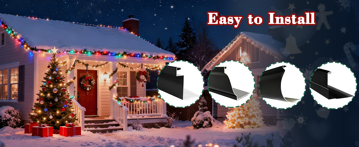 Text reads 'Easy to Install'. Outdoor Christmas light display showing houses decorated with white lights in snowy nighttime scene.