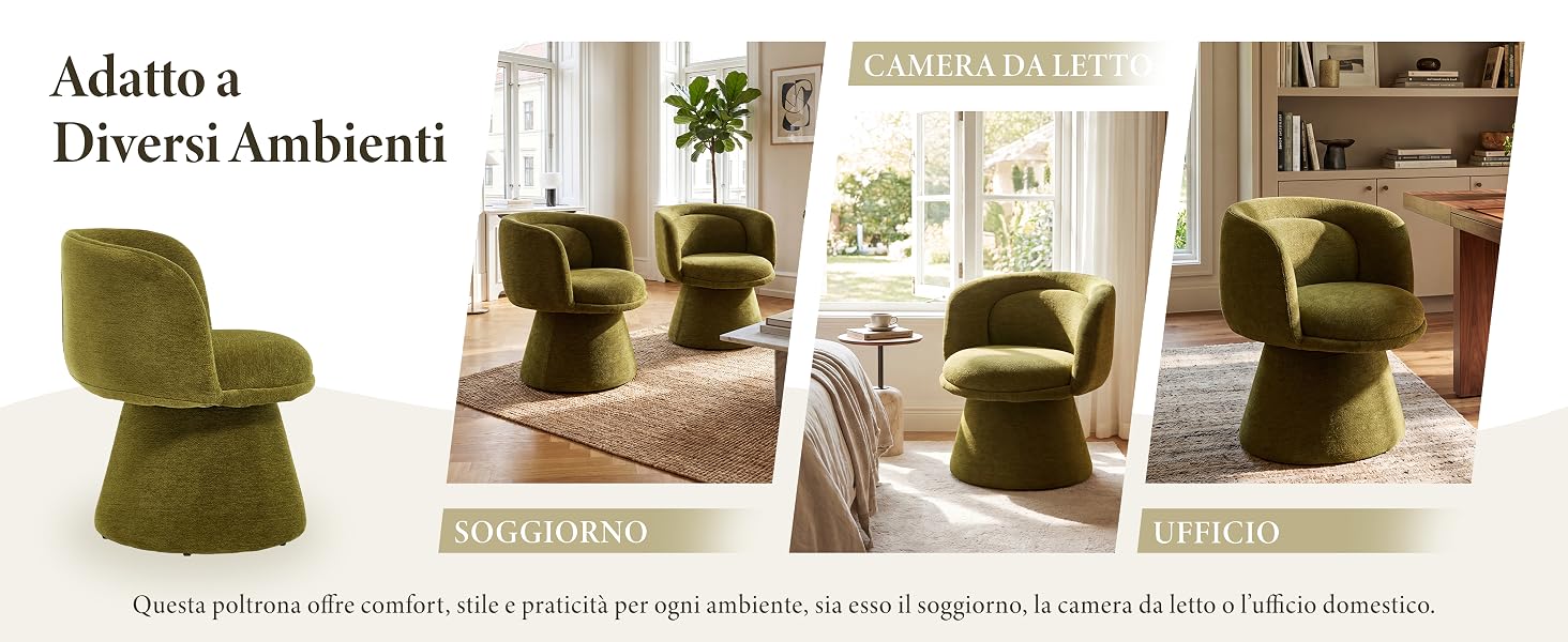 Il testo recita «Adapt a Diversi Ambienti». Quattro foto degli interni delle camere che mostrano mobili imbottiti verde oliva in spazi abitativi con vari stili di arredamento.