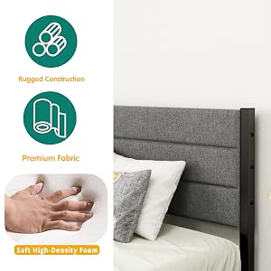 Text reads 'Rugged Construction', 'Premium Fabric', 'Soft High-Density Foam'. Close-up images of gray upholstered furniture showing material details and construction features.