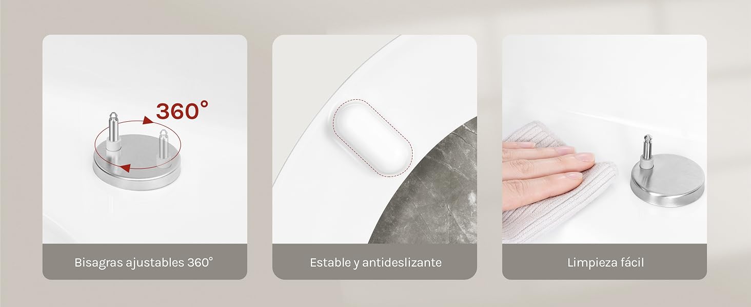 La pantalla del producto muestra tres vistas: panel izquierdo con indicador de rotación de «360°» y dispositivo, panel central que muestra una vista angular gris del dispositivo, panel derecho que muestra los componentes cilíndricos rosas y plateados del dispositivo.