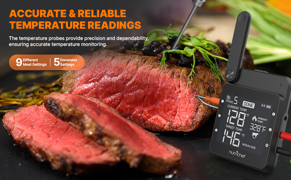 Termómetro para carne NutriChef WiFi para parrilla, sondas inteligentes duales inalámbricas, alarma para interior y exterior