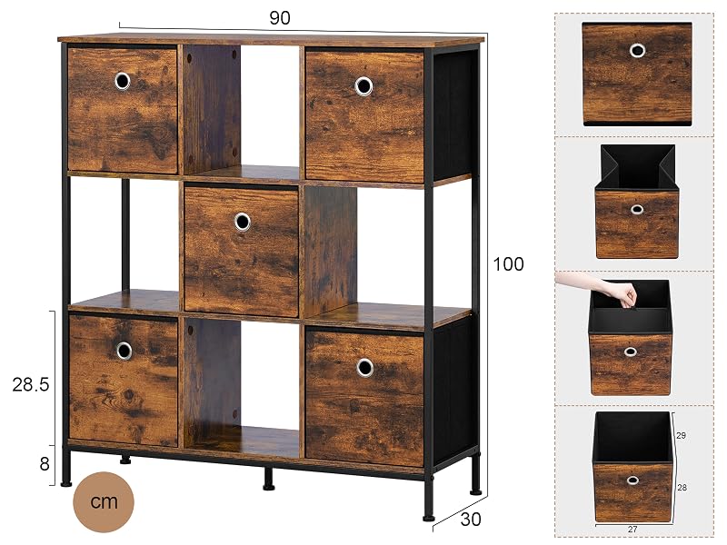 Contenitore rustico in legno con 9 scomparti cubici e 6 cassetti rimovibili. Include le dimensioni e una visualizzazione separata dei singoli cassetti