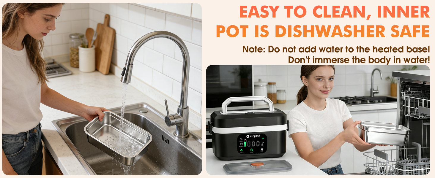 Text reads 'EASY TO CLEAN, INNER POT IS DISHWASHER SAFE'. Series of kitchen scenes showing appliance cleaning and maintenance.
