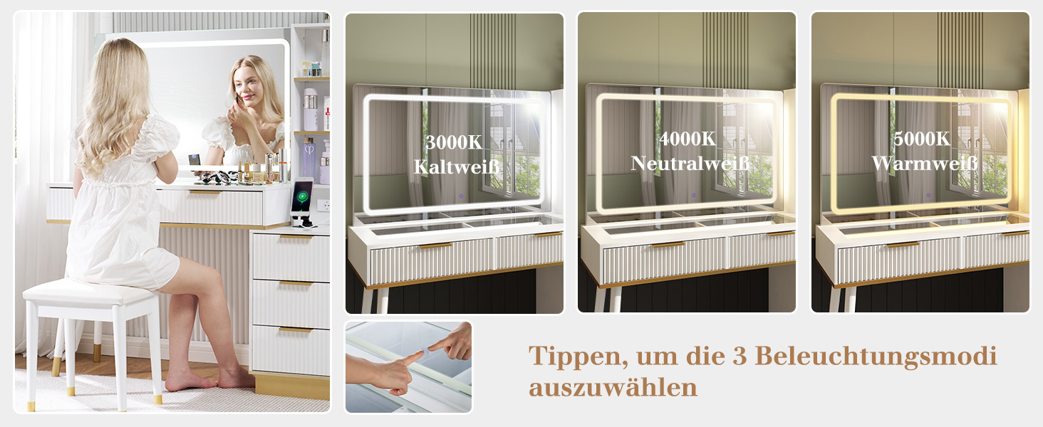 Mehrere Innenraumfotos in einem Rasterlayout zeigen Möbel und Dekoranwendungen, mit Text, der auf verschiedene Raumansichten und Nutzungsszenarien hinweist.