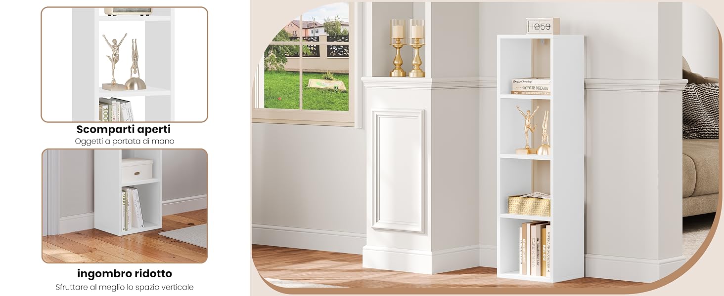 Scaffale angolare in legno bianco a più livelli. Indicato in soggiorno, adatto per esporre oggetti decorativi e libri.