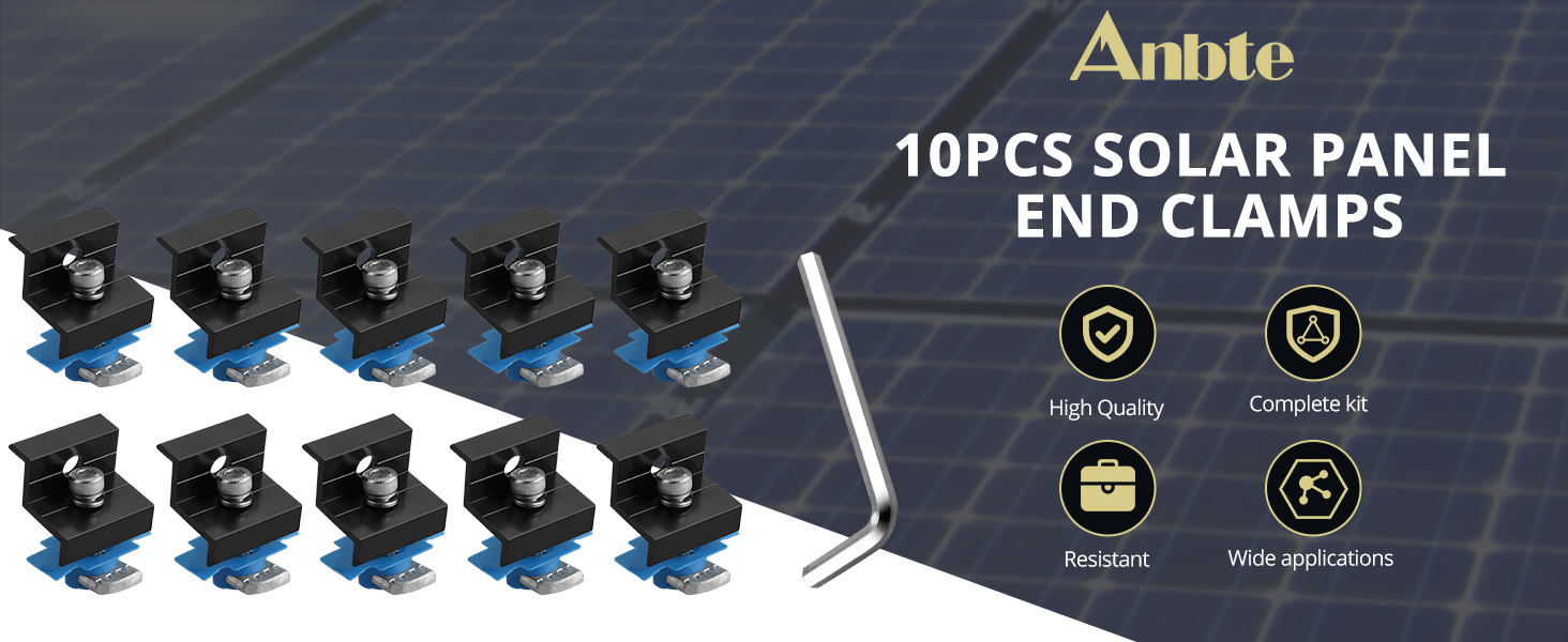 Text reads '10PCS SOLAR PANEL END CLAMPS'. Technical product image showing black mounting clamps for solar panels with detailed views of hardware components.