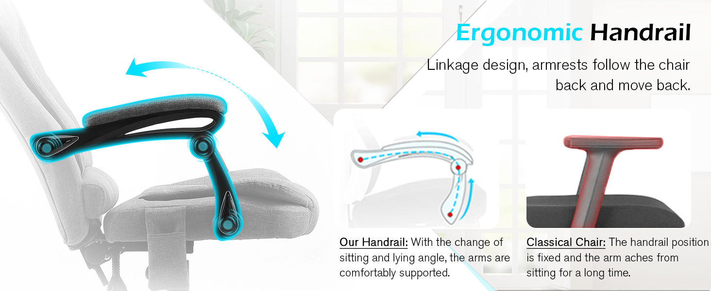 Diagram showcasing an ergonomic chair handrail design. Illustrates linkage system allowing armrest to follow chair's back movement, compared to a fixed traditional chair armrest.