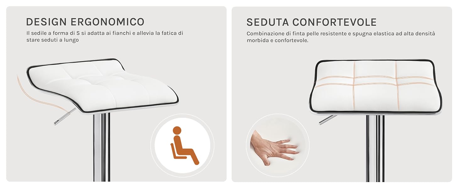 Design ergonomico dello sgabello da bar con sedile bianco sagomato su una base in metallo. Illustra una comoda posizione di seduta e il gesto