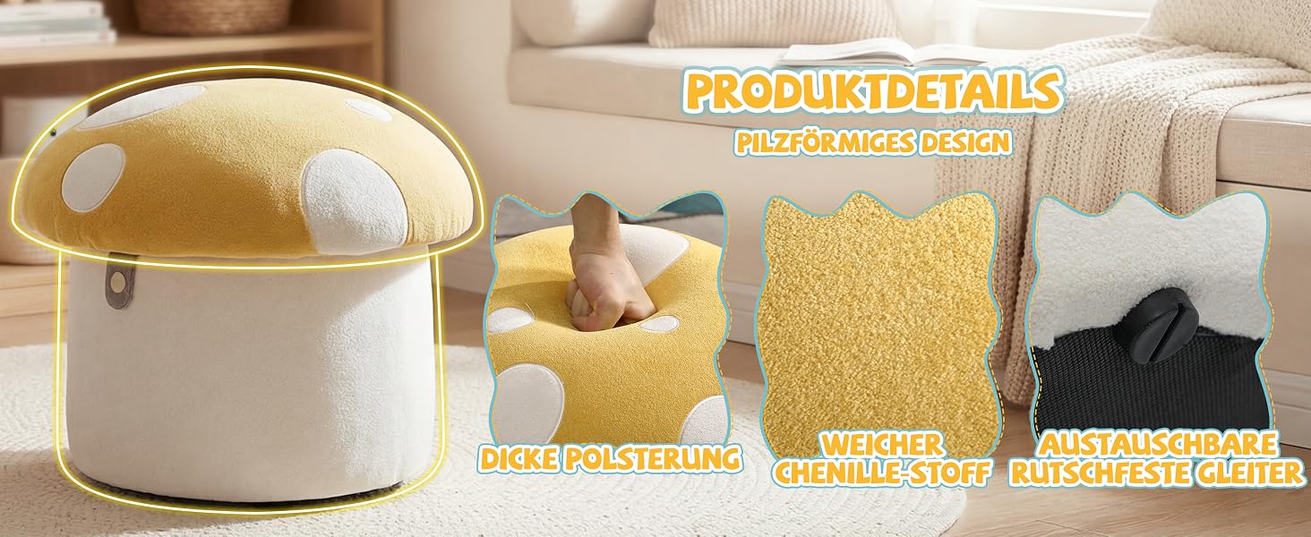 Der Text lautet „PRODUKTDETAILS“ und „SLOW COOKER“. Das Kompositbild zeigt einen cremefarbenen Slow Cooker mit Glasdeckel, gelb/goldener Innenseite und einer Produktverpackung mit goldenen Tönen und weißen Elementen.