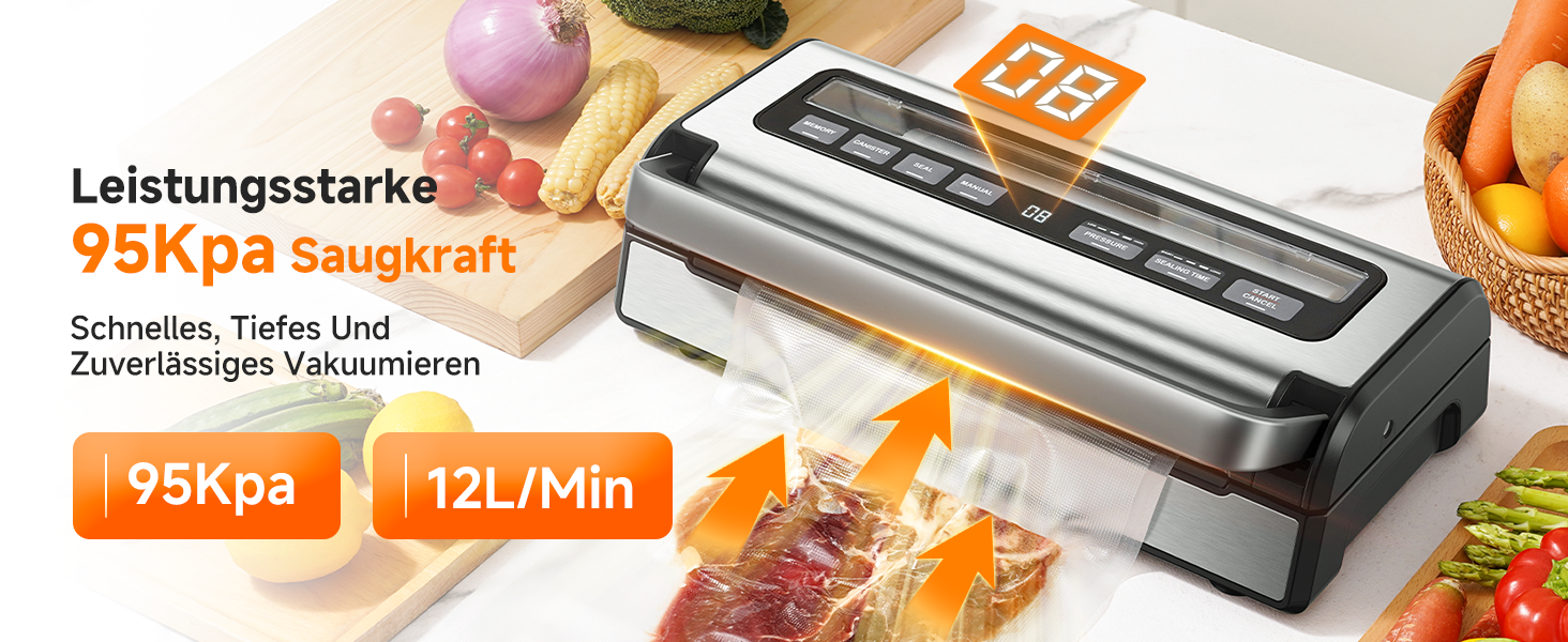 Der Text lautet „95Kpa Saugkraft“ und „12L/Min“. Produktdemonstration, die das Vakuumieren von Lebensmitteln und die Verwendung von Küchengeräten zeigt.