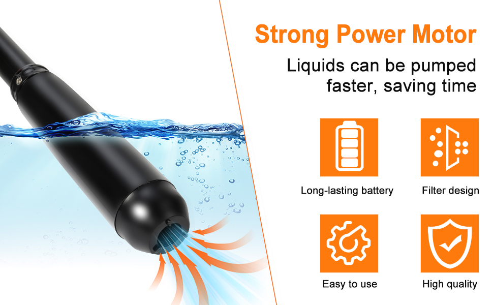 avec moteur puissant immergée dans l'eau. Comprend une batterie durable, une conception de filtre, une utilisation facile et une haute qualité. Permet de pomper les liquides plus rapidement pour gagner du temps.