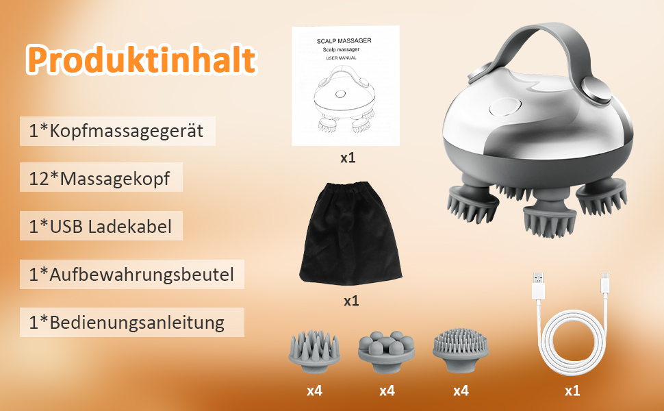 Handmassagegerät mit Hauptgerät, mehreren Massageköpfen, USB-Kabel, Aufbewahrungstasche und Bedienungsanleitung. Das Gerät hat einen ergonomischen Griff und austauschbare Aufsätze