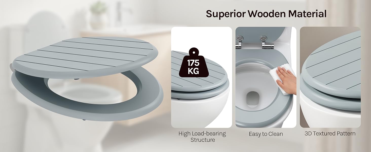 Text reads "Superior Wooden Material." Circular wooden device component, black fabric item, tracking device details, and comparison showing compact lightweight design for portability.