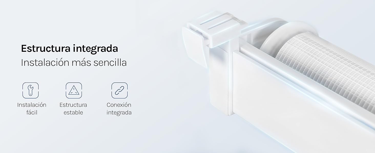 El texto dice «Estructura integrada» e «Instalación más sencilla» con tres iconos de funciones. El componente blanco de la estructura del filtro integrado se muestra desde un ángulo lateral con texto bilingüe en español.