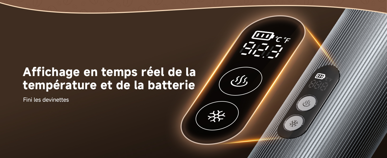 Le texte indique « Affichage en temps réel de la température et de la batterie ». Interface numérique affichant les indicateurs de température et de batterie.