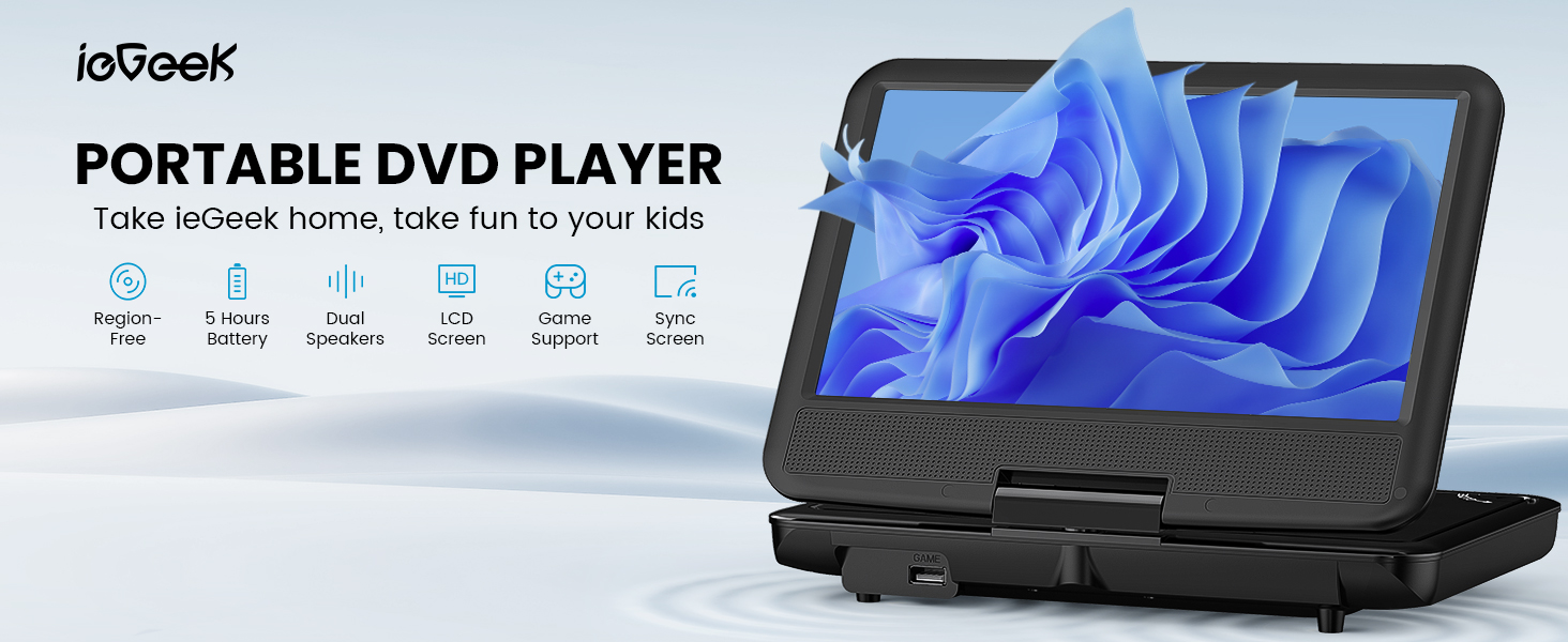 ieGeek Portable DVD Player with 9.5-inch screen, suitable for Kids road trip entertainment