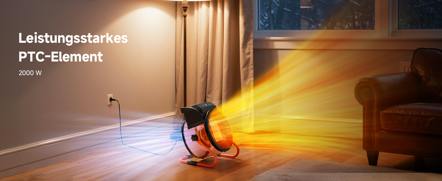 Der Text lautet „Leistungsstarkes PTC-Element“. Bilderserie, die ein orangefarbenes Heizelement oder einen Lichteffekt in verschiedenen Einstellungen und Intensitäten zeigt.