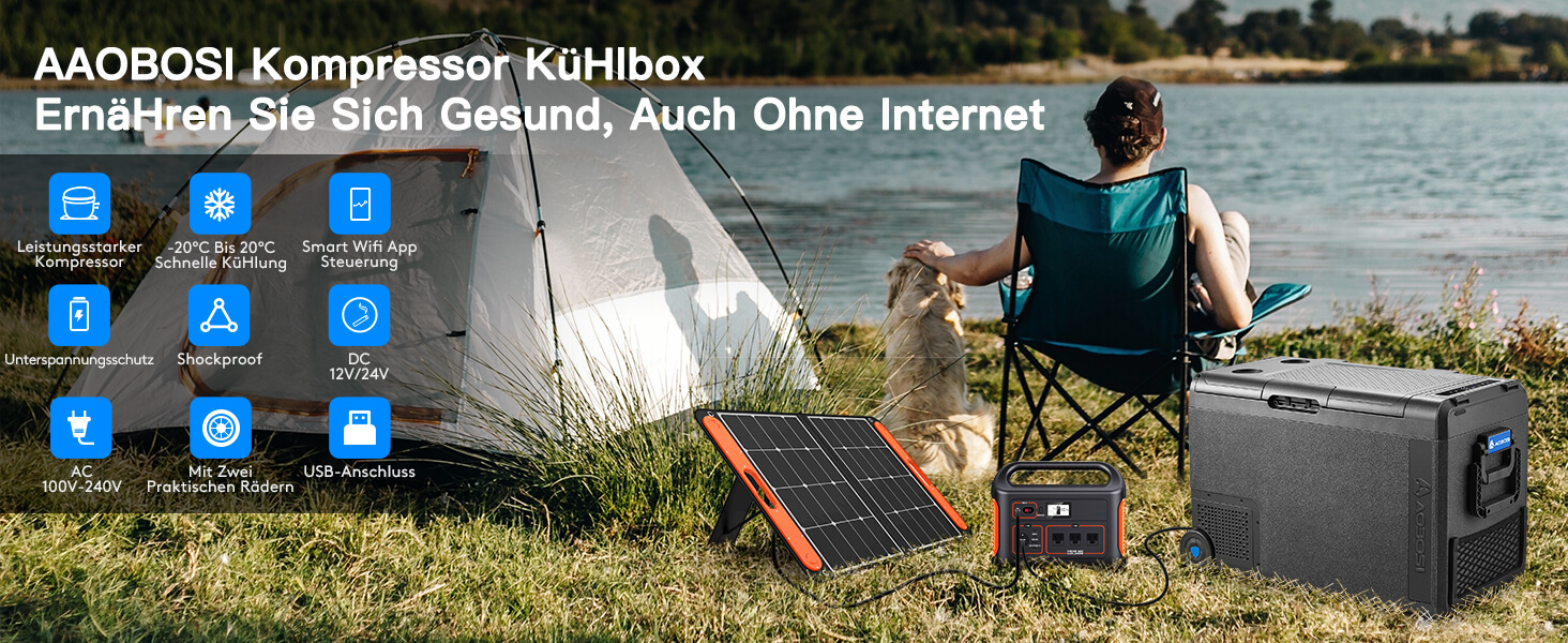 Tragbare Kühlbox oder Behälter, abgebildet in einer Campingumgebung im Freien mit einer Person, die am See oder Wasser sitzt.