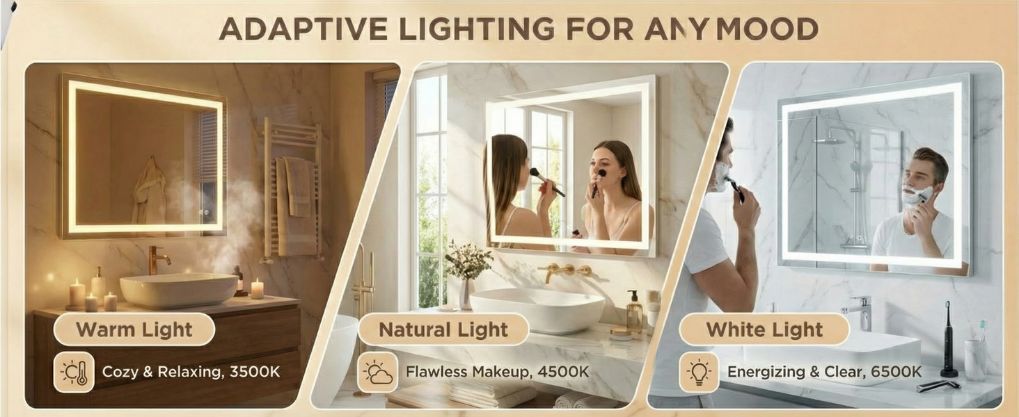 Text reads 'ADAPTIVE LIGHTING FOR ANY MOOD'. Three panel illustration showing same bathroom in different lighting modes: 'Morning Light', 'Natural Light', and 'White Light'.
