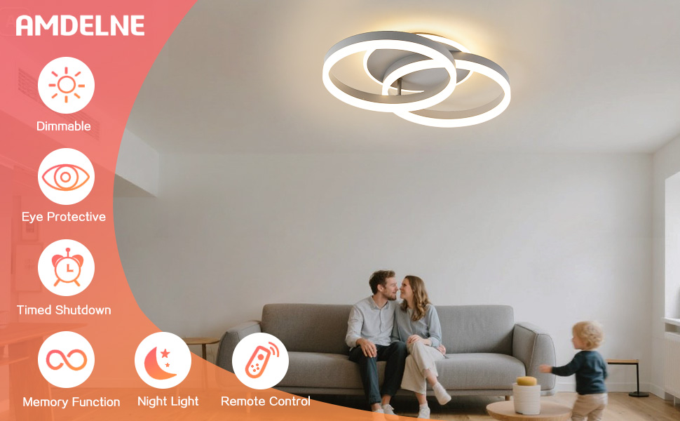 Moderne runde LED-Deckenleuchte mit zwei ineinandergreifenden Ringen. Zu den Funktionen gehören dimmbare Helligkeit, Augenschutz, zeitgesteuerte Abschaltung, Speicherfunktion, Nachtlichtmodus und Fernsteuerungsfunktion