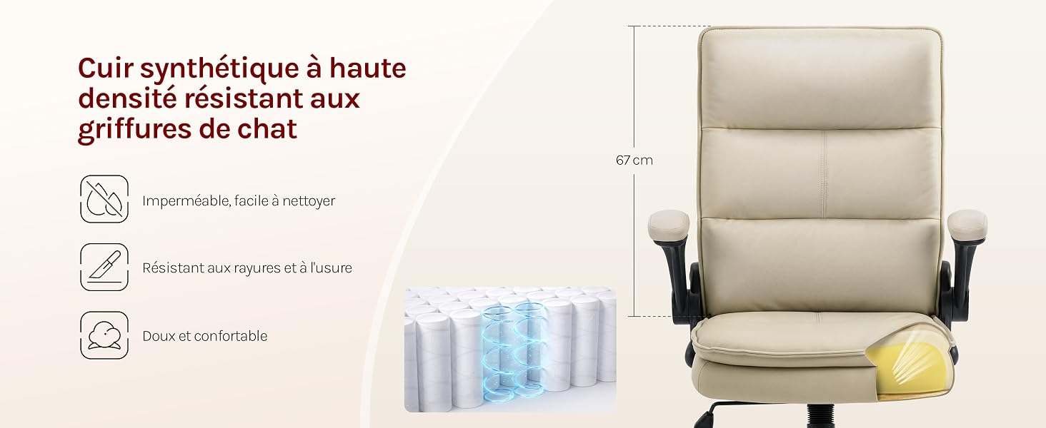 Le texte indique « Cuir synthétique à haute résilience », « Pour un soutien optimal » et « Hypoallergénique ». Fauteuil de massage beige avec icônes des caractéristiques du produit et bouteilles colorées affichées.