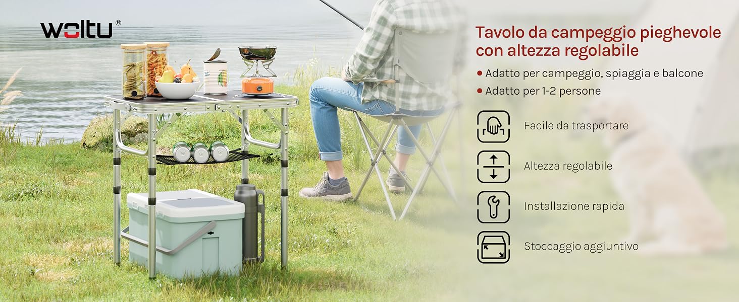Il testo dice «WAITU». Dimostrazione dell'assemblaggio di mobili per esterni che mostra diverse fasi di configurazione con icone per una facile installazione e funzioni di regolazione dell'altezza.