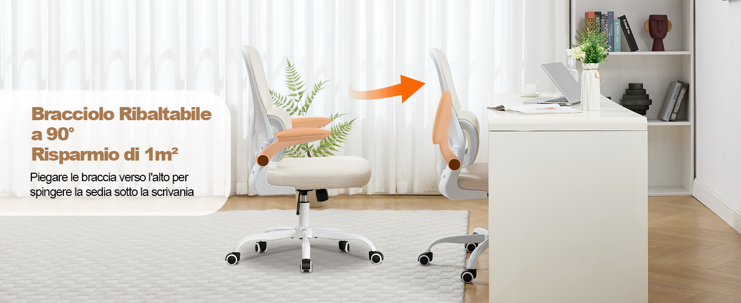 Il testo recita «Bracciolo Ribaltabile» e «Risparmio di 1m²». Moderna configurazione da ufficio bianca con mobili regolabili su pareti bianche dal design minimalista.