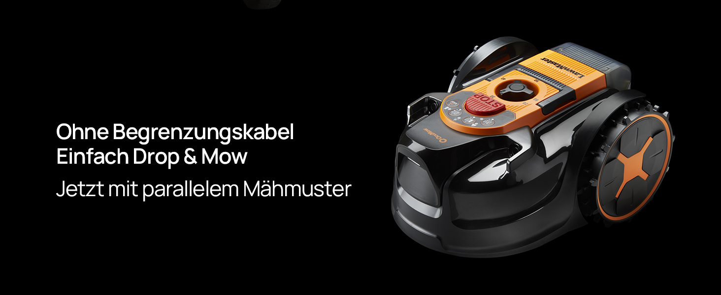 Der Text lautet „Ohne Begrenzungskabel“ (ohne Begrenzungskabel), „Endbau“ (Endrohr), „Jetzt mit parallelem Mähmuster“ (jetzt mit parallelem Mähmuster). Schwarz-orangefarbener Spielzeug-Rasenmähroboter auf schwarzem Hintergrund.