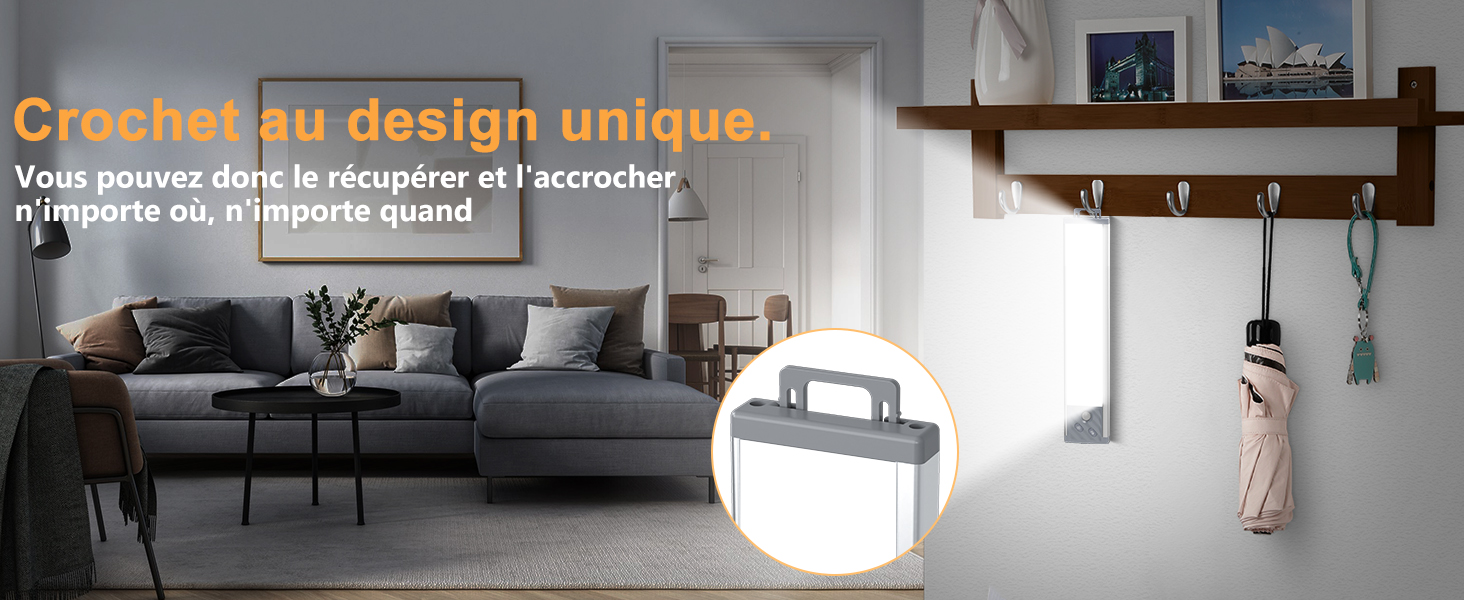Salon moderne avec canapé gris, table basse et étagère murale. L' image en médaillon montre un objet cylindrique blanc avec poignée.