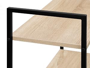 Estantería moderna y minimalista con estructura de metal negro y superficies de madera clara, que muestra su elegante diseño y construcción