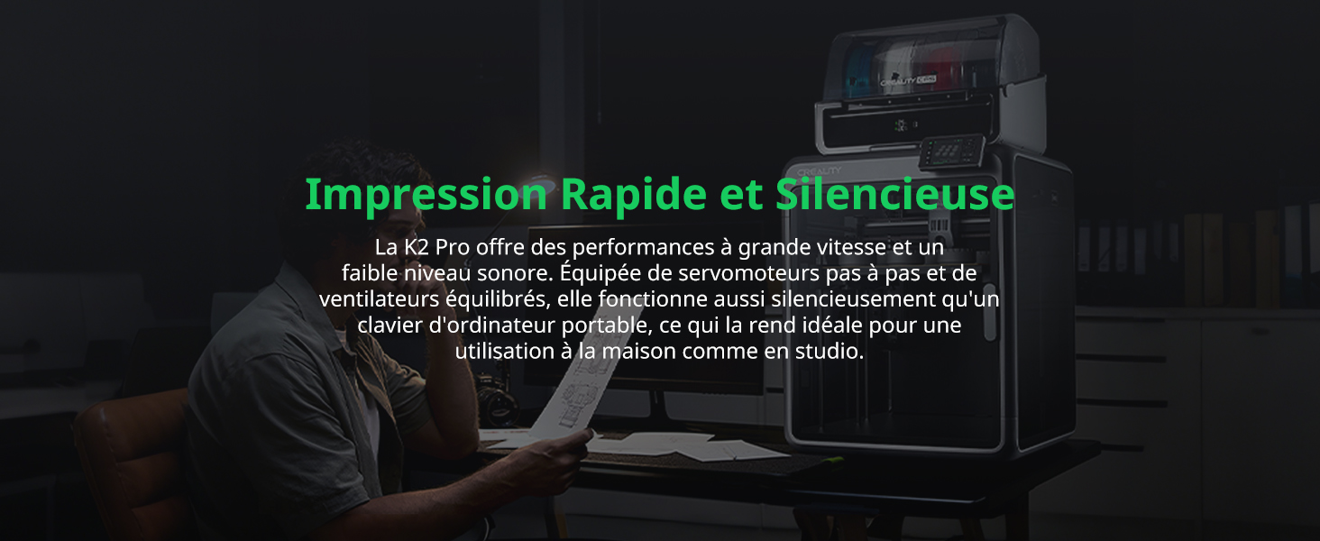 Le texte se lit comme suit : « Impression Rapide et Silencieuse », avec un texte descriptif en français supplémentaire ci-dessous. Image de fond sombre montrant une personne au poste de travail informatique.
