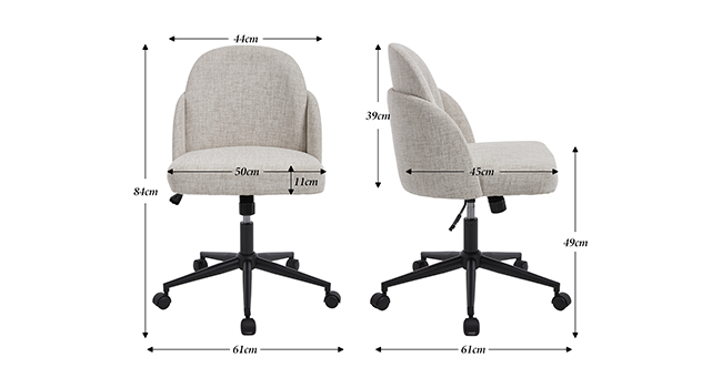 Viste multiple di una sedia da ufficio grigio chiaro con misure e dimensioni visualizzate da diverse angolazioni, comprese le viste anteriore, laterale e posteriore.