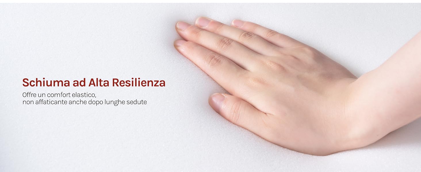 Il testo recita «Schauma ad Alta Resilienza». Primo piano della mano che mostra un movimento di pulizia o asciugatura sulla superficie.