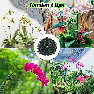Garden clips product showcased with various potted plants including orchids and ferns. Central image shows a pile of small, dark clips for supporting plant stems.