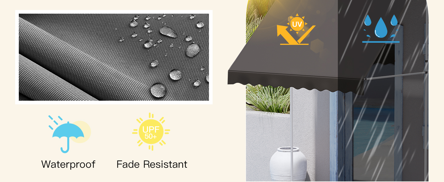 Produktvorführung mit wasserdichten und lichtbeständigen Eigenschaften mit Wassertröpfchen auf der Oberfläche und Sonnen-/Regenschirmsymbolen, die auf