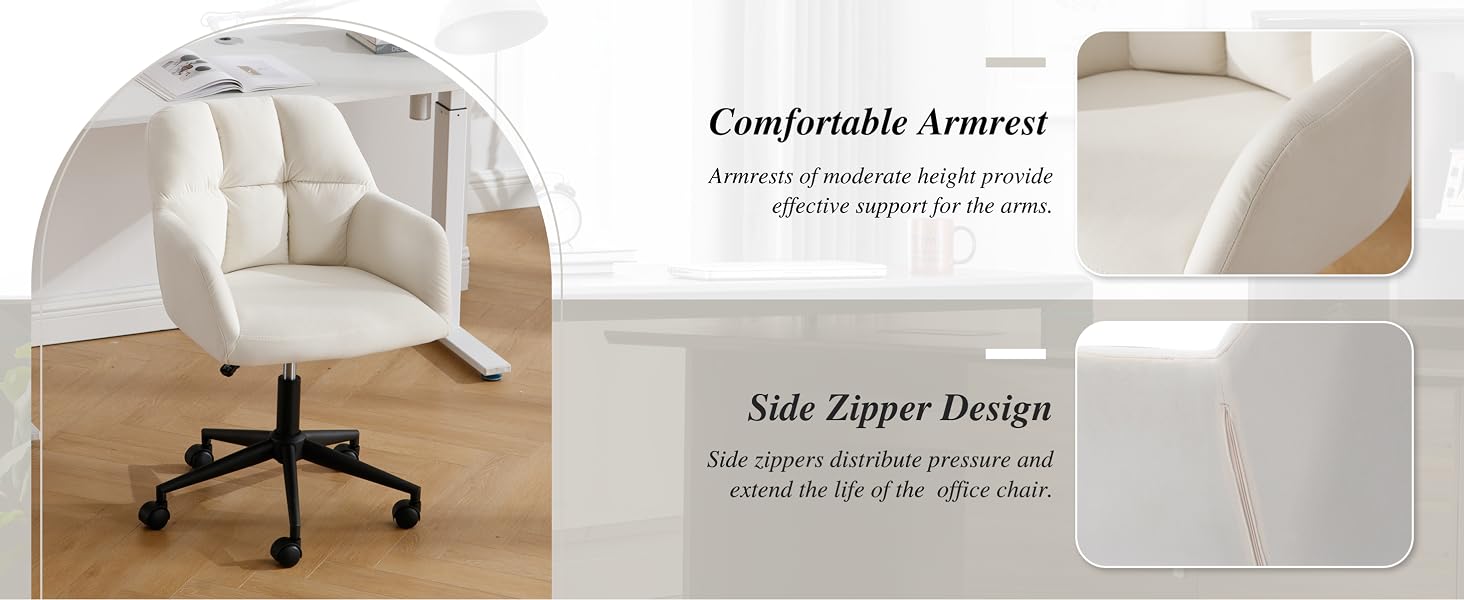 Text reads 'Comfortable Armrest' and 'Side Zipper Design'. White office chair shown from multiple angles, highlighting armrest features and side zipper details.