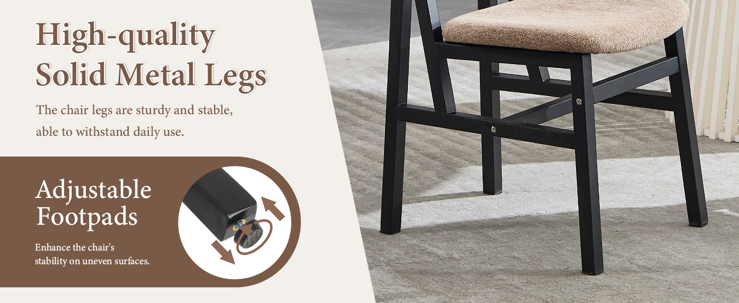 Text reads 'High-quality Solid Metal Legs' and 'Adjustable Footpads'. Close-up photo showing black metal chair leg with adjustable foot pad against wooden floor.