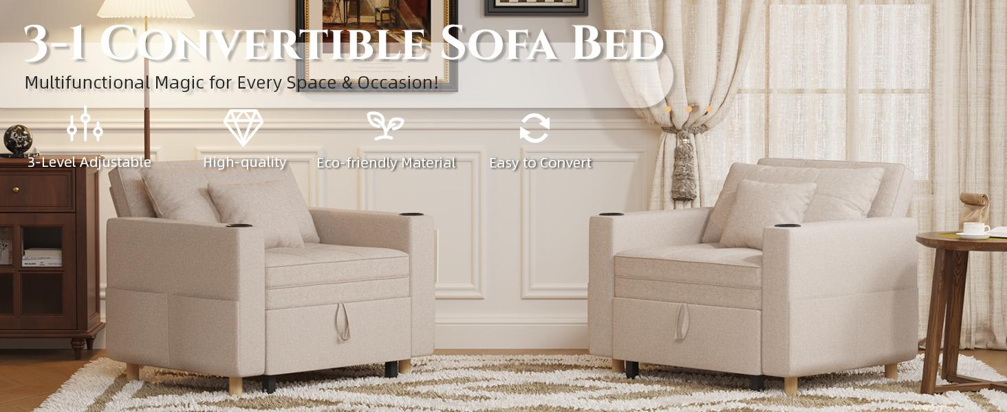 Der Text lautet „3-1 CONVERTIBLE SOFA BED“. Das elegante weiße Polstersofa ist in verschiedenen Positionen abgebildet und zeigt seine umwandelbare Funktionalität.
