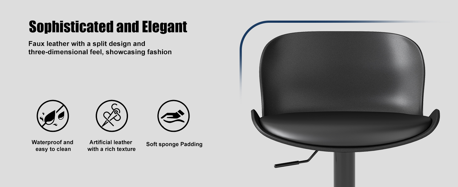 Text reads 'Sophisticated and Elegant'. Black bar stool with curved backrest shown with three feature icons indicating waterproof, anti-slip, and self-priced seating properties.