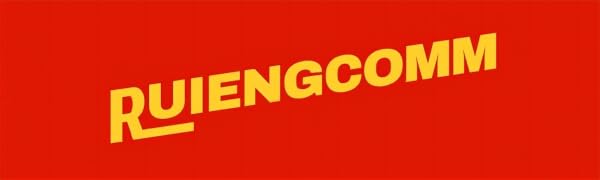 Red background with large yellow text displaying 'RUIENGCOMM' in an angled, stylized font.